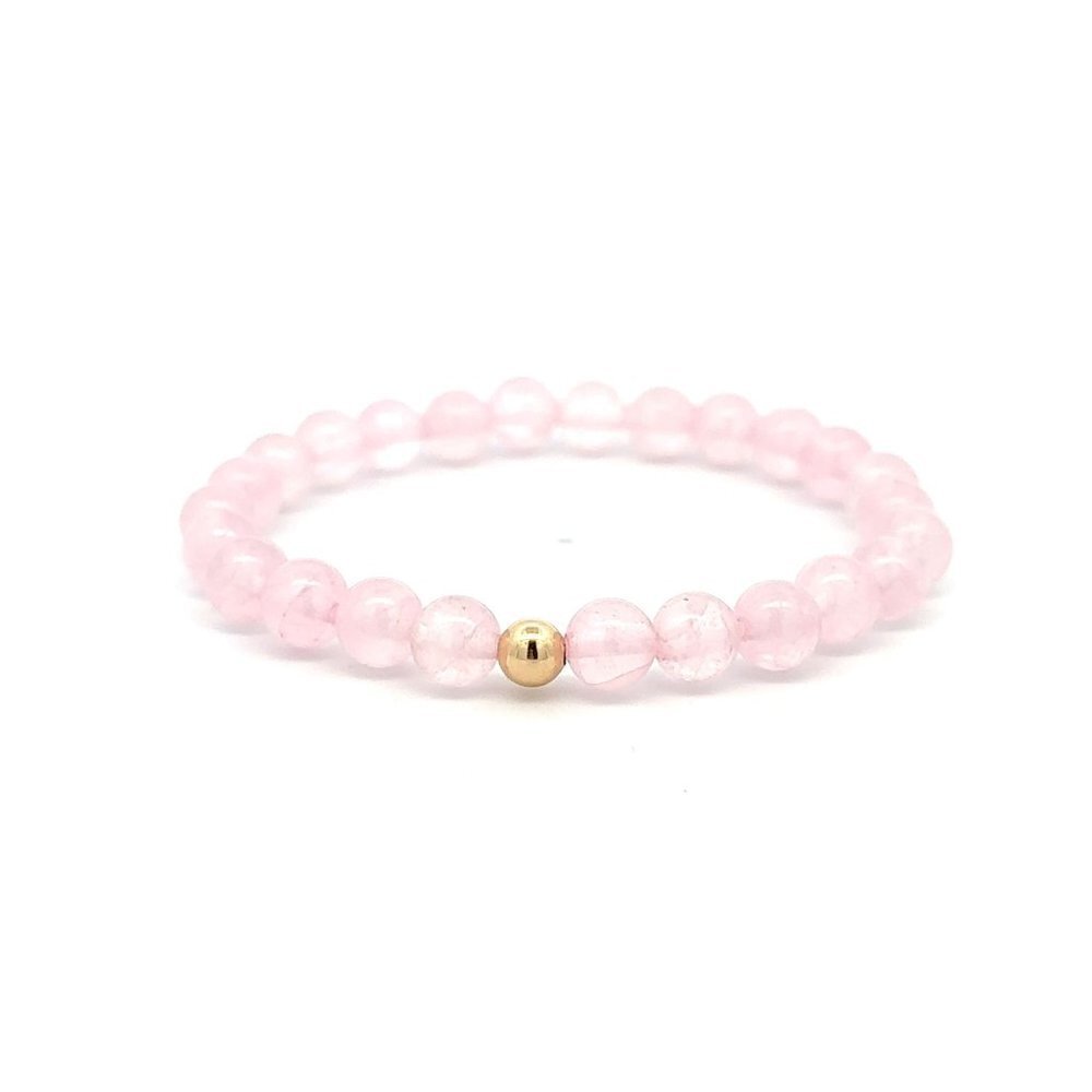 Natural Rose Quartz Gemstones 6mm Stretchable Bracelet 18k Gold Bead Charm